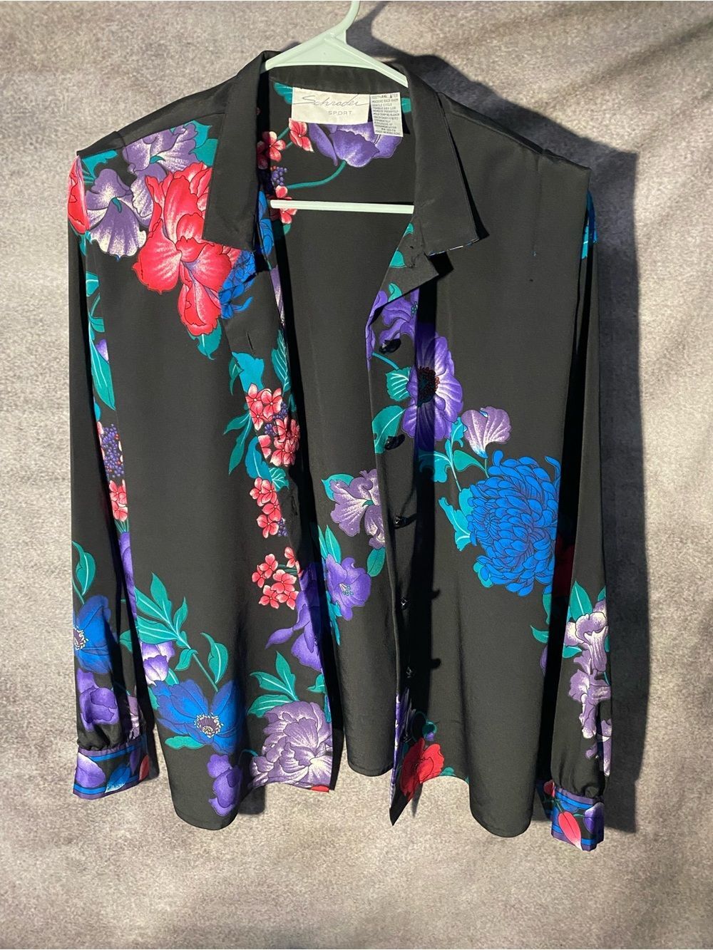 Vintage Schrader Sport Floral Button Up Shirt Womens 16 Black Long Sleeve Top⁠